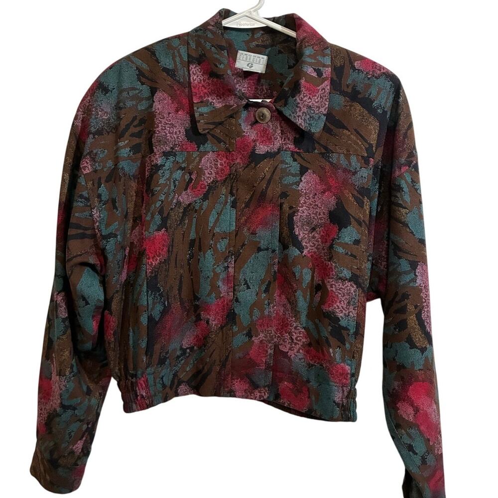 VTG Georgiou 100% Silk Cropped Jacket Oversized Floral Abstract Shoulder Pads